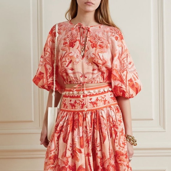 Zimmermann Lyre cropped shell embellished blouse in palm print - Picture 3 of 8